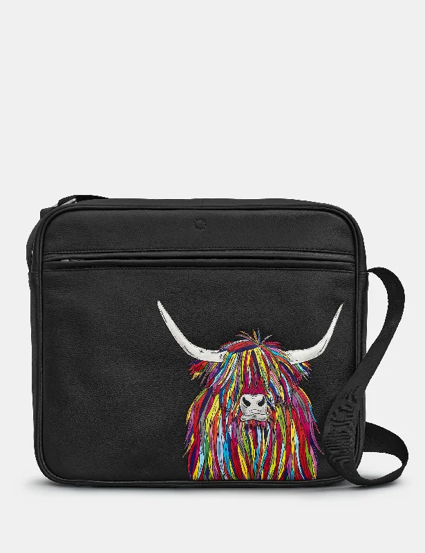 Trendy satchels for women with bright, fun designs for an upbeat style -Highland Cow Black Leather Messenger Bag