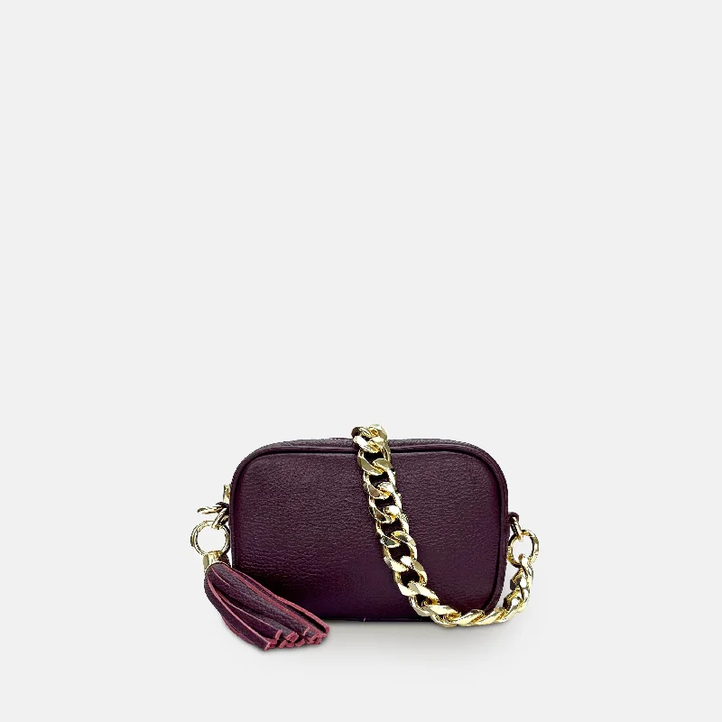 Designer crossbody bags with chic gold hardware -The Mini Tassel Port Leather Phone Bag With Gold Chain Strap