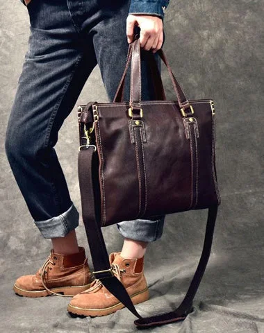 Eco-friendly satchels for men with recycled materials and natural fabrics -Brown Leather Mens 14" Laptop Briefcase Business Messenger Bag Brown Large Handbag For Men