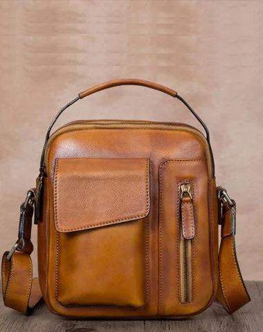 Designer satchels for women with leather tassels and chic embellishments -Brown Leather Mens Small Vertical Courier Bag Messenger Bag Postman Bag Vintage Leather Side Bag for Men