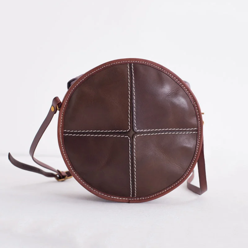 Multi-pocket leather crossbody bags for organization -Womens Tan Leather Circle Bag Round Purse Over The Shoulder Purse