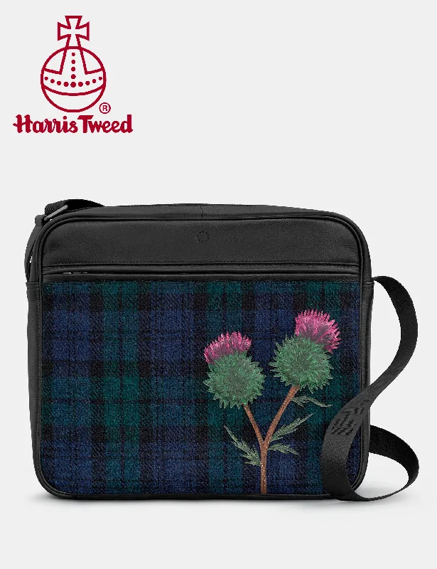 Fashion-forward satchels for men with modern accents and clean lines -Highland Thistle Harris Tweed & Black Leather Messenger Bag