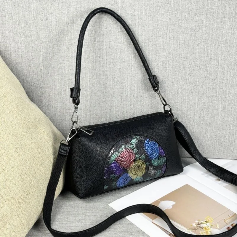 Handmade satchels for women with unique patterns and hand-stitched details -Black Cira Sling Bag - Flower Design