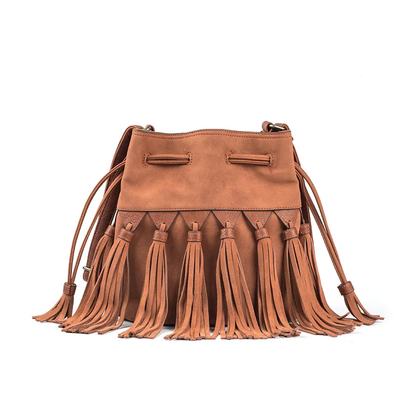 Casual leather crossbody bags for daily wear -Womens Western Crossbody Bucket Purse With Fringe Boho Purses for Women