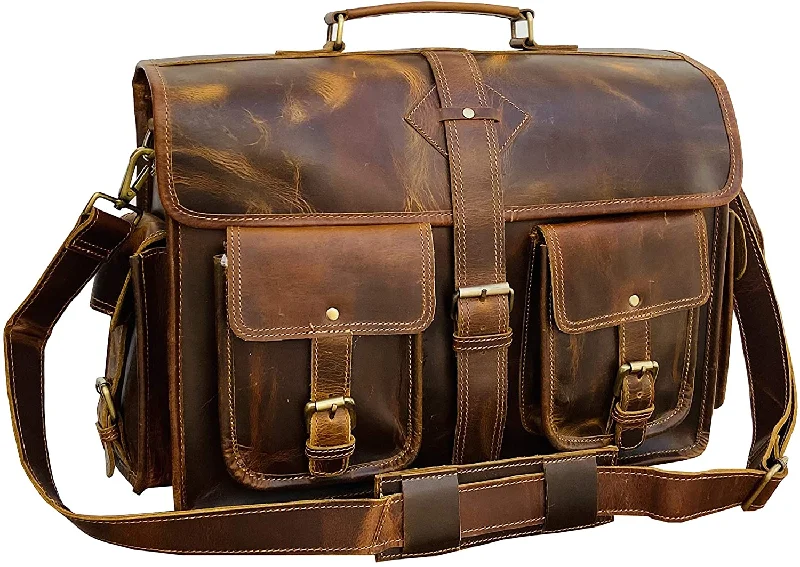 Classic leather satchels for men with rustic finishes for a rugged, stylish look -18 Inch Vintage Handmade Leather Messenger Bag