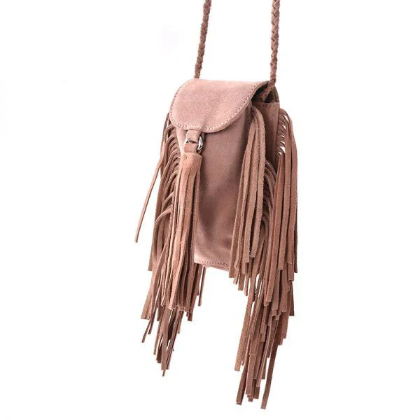 Trendy crossbody bags with metallic finish shine -Womens Small Leather Crossbody Boho Bag Fringe Purse for Women