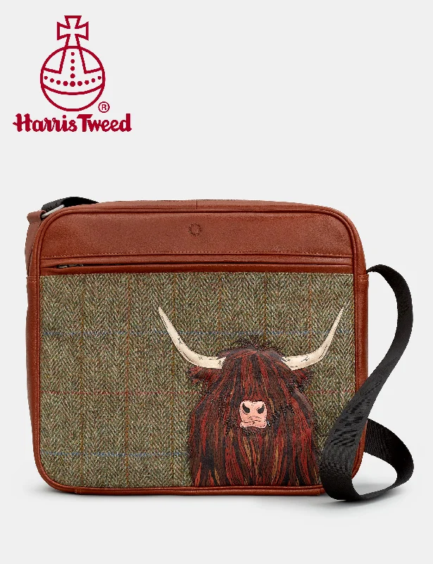 Versatile satchels for men with multiple carrying options for convenience and style -Highland Cow Harris Tweed & Brown Leather Messenger Bag