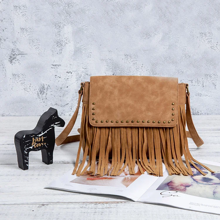 Trendy crossbody bags for young fashion enthusiasts -Ladies Vegan Leather Fringe Crossbody Bag Boho Shoulder Purses For Women