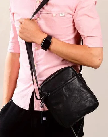 Unique satchels for men with creative designs and modern features -Black Leather Mens Tablet Messenger Bag Small Side Bag Black Shoulder Bag For Men