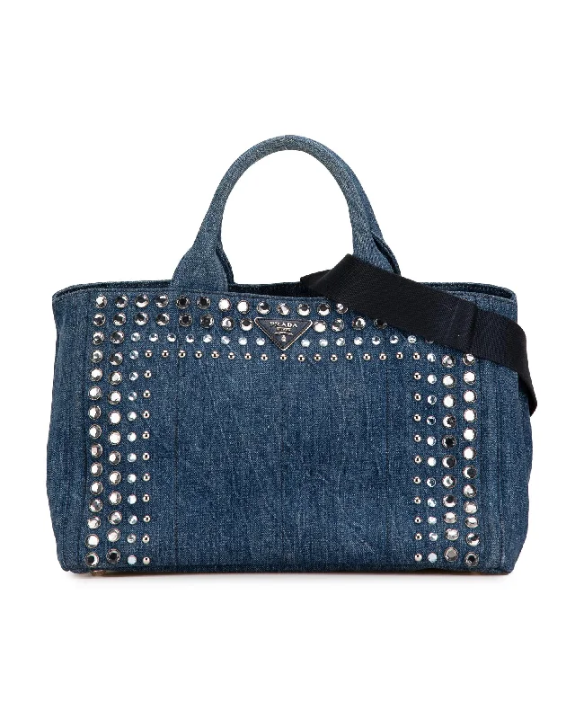 High-quality leather satchels for men with refined stitching and custom details -Studded Denim Satchel with Detachable Strap and Interior Pockets