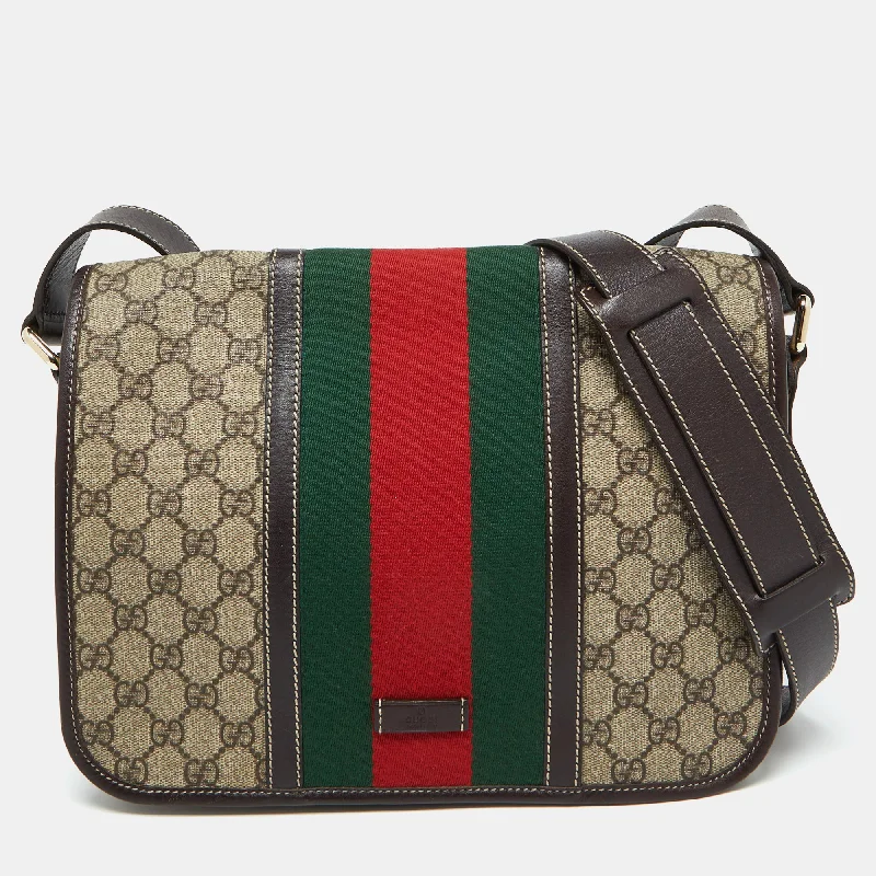 Luxury satchels for women with premium leather and gold hardware for elegance -Gucci Beige/brown Gg Supreme Canvas And Leather Web Flap Messenger Bag