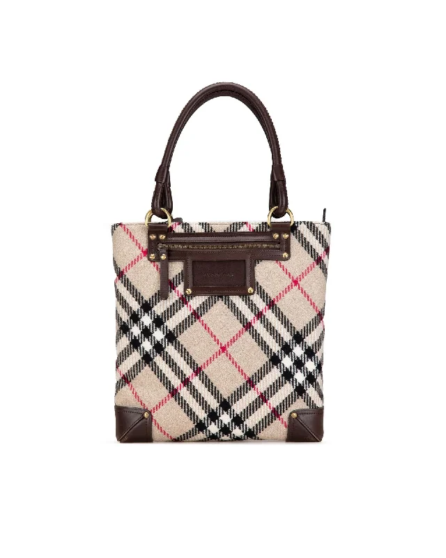 Supernova Check Wool Tote with Leather Trim and Multiple Pockets