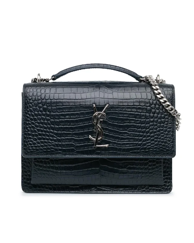 Elegant satchel bags for women with oversized clasps for statement appeal -Medium Croc Embossed Monogram Sunset Bag with Chain Strap and Magnetic Closure