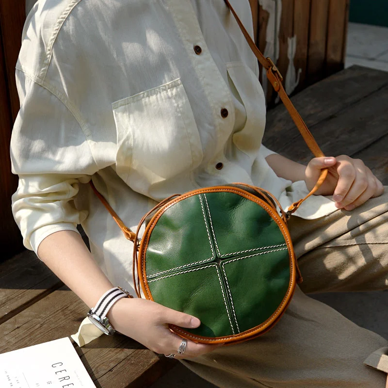 Chic suede crossbody bags for fall fashion -Ladies Green Leather Round Bag Circle Purse Casual Crossbody Bag for Women