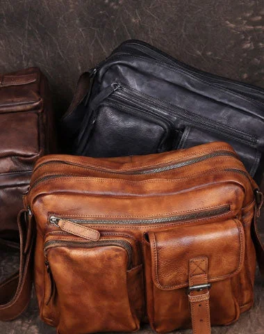 Classic leather satchels for men with rustic finishes for a rugged, stylish look -Cool Small Leather Mens Messenger Bag Brown Courier Bag Side Bag Postman Bag for men