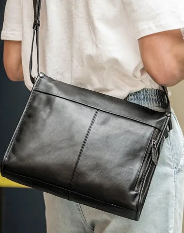 Vintage-inspired satchels for men with brass buckles and leather finishes for timeless appeal -Fashion Black Leather Mens 12 inches Side Bag Messenger Bags Black Postman Bag Courier Bag for Men