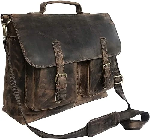 Professional satchel bags for men with compartments for tablets, phones, and documents -Vintage Elegance: 16-Inch Retro Buffalo Leather Messenger Bag for Office and College (Vintage Brown)