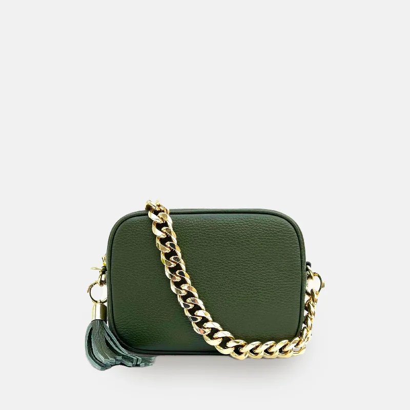 Lightweight crossbody bags for hands-free travel convenience -Olive Green Leather Crossbody Bag With Gold Chain Strap