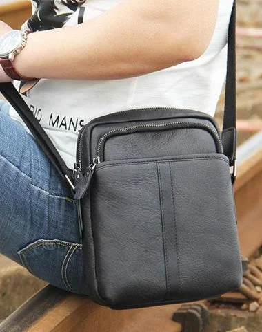 Lightweight satchels for women with crossbody straps for added convenience -Leather Mens Black Small Shoulder Bag Messenger Bag Crossbody Bag for Men