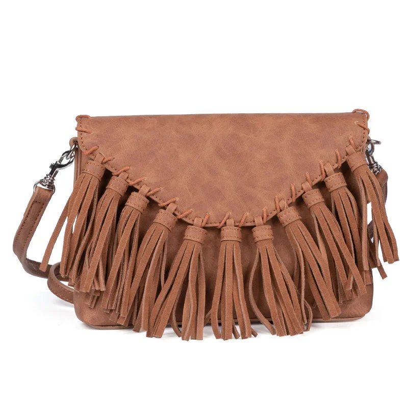 Small crossbody bags for quick errand runs -Womens PU Leather Fringe Crossbody Bags Purse Boho Shoulder Purses for Women