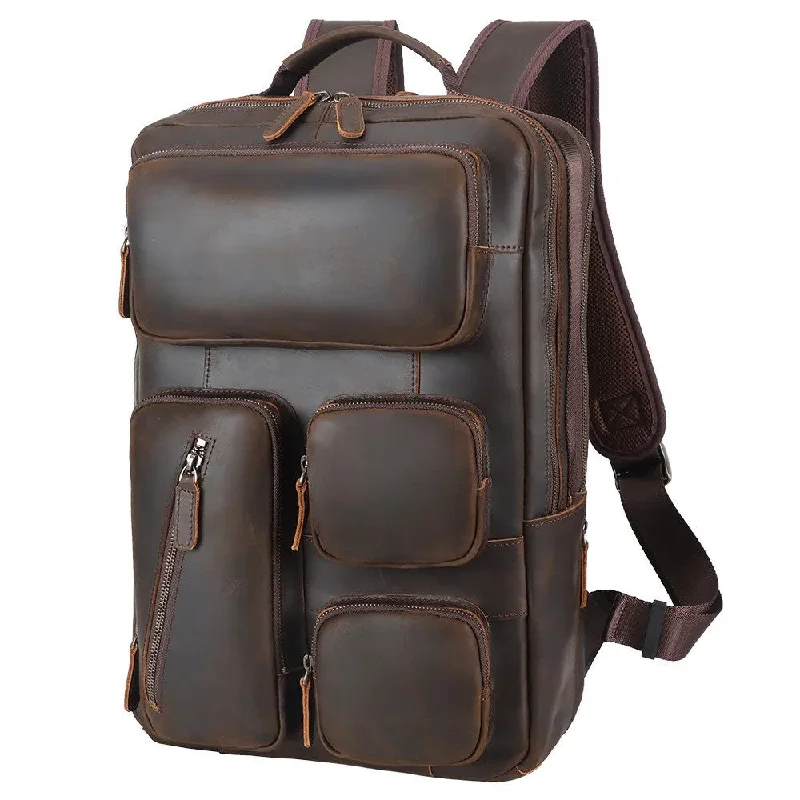 Unique satchels for women with custom color options for personalized style -Leather Multi-Pocket Laptop Backpack - Dark Brown