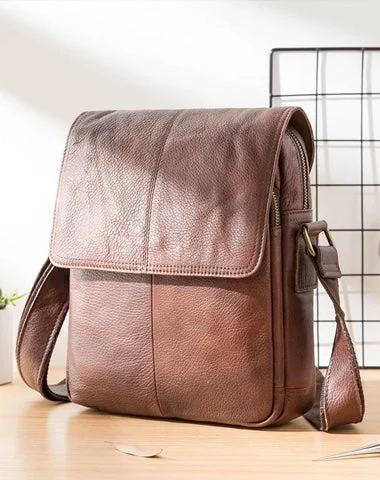 Versatile satchels for men with multiple carrying options for convenience and style -Casual Leather Mens 8 inches Vertical Side Bag Brown Messenger Bags Postman Bag for Men