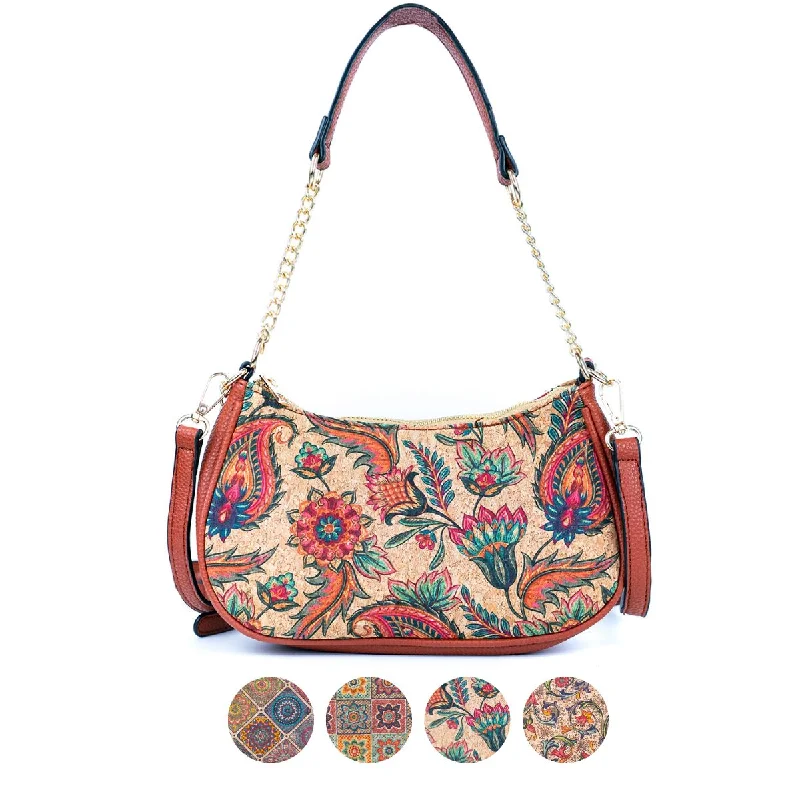 Eco-friendly crossbody bags with recycled strap materials -Bohemian Chic Printed Cork & Brown PU Leather Crossbody Bag BAG-2336