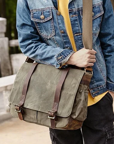 Personalized satchel bags for women with monogramming options for added uniqueness -Canvas Leather Mens Waterproof 14'' Green CANON CAMERA Khaki Messenger Bag NIKON CAMERA Side BAG Gray DSLR CAMERA BAG