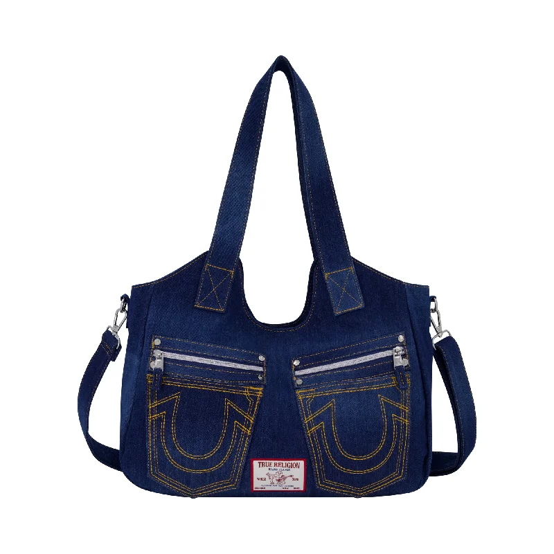 Handle bags with bright neons for visibility -True Religion Horseshoe Stitch DARK NAVY Satchel