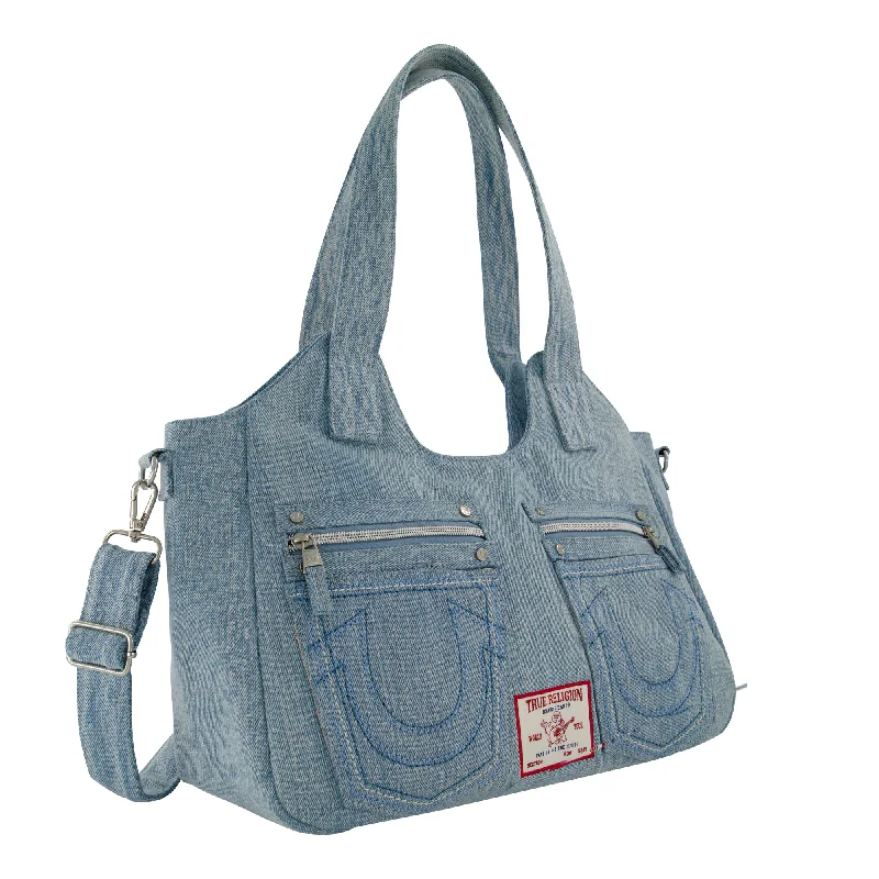 Handle bags with detachable pouches for versatility -True Religion Horseshoe Stitch Denim Satchel